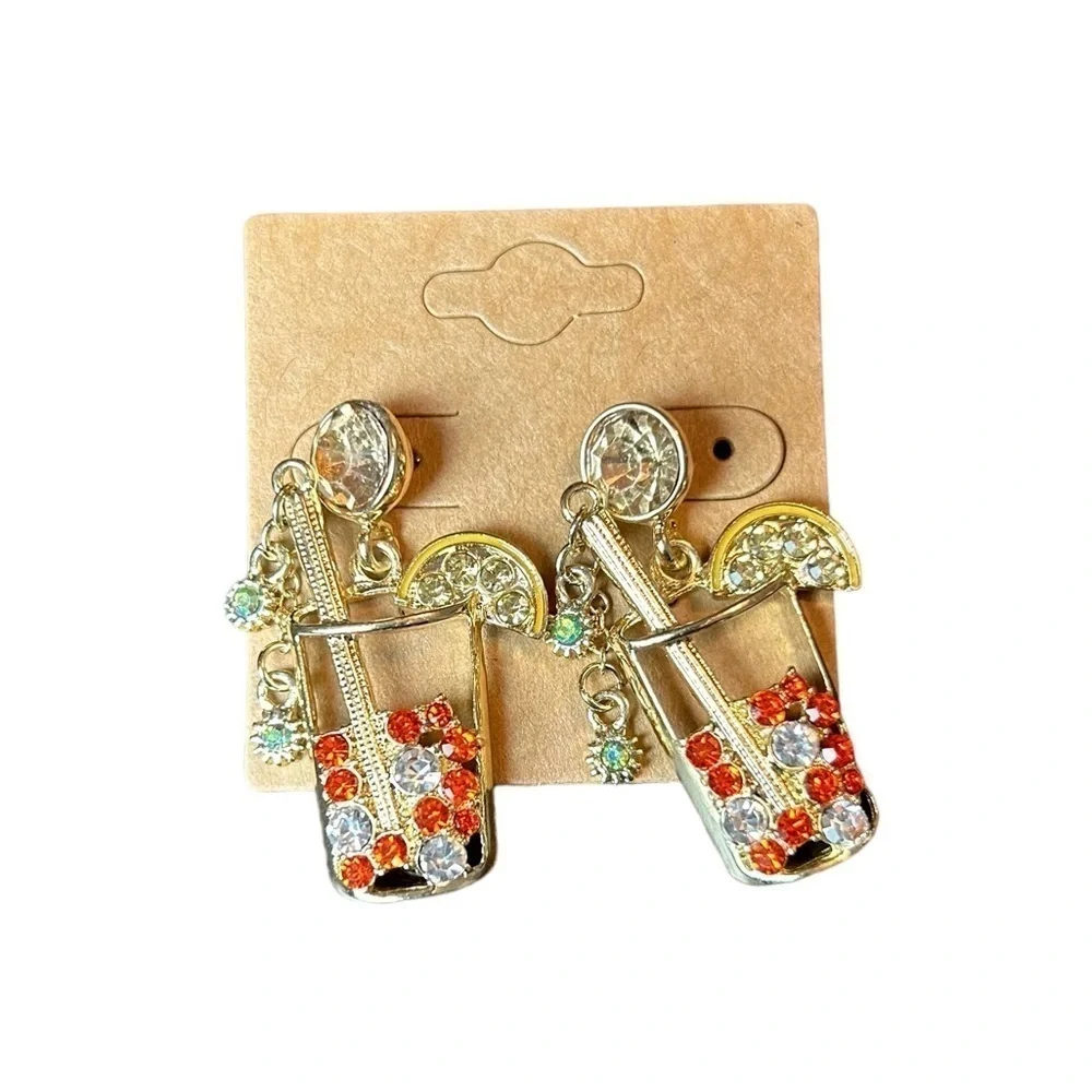 Tropical Drink Rhinestone Dangle Earrings NWOT